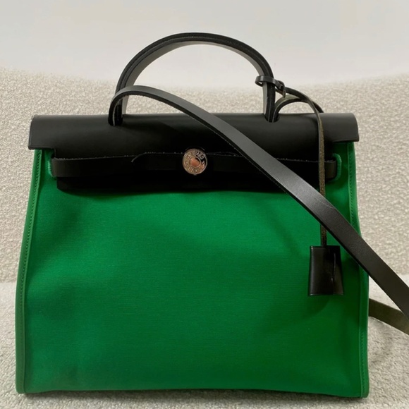 Authentic Pre-Owned Hermès Khaki Vache Hunter Bamboo Toile Herbag Zip Size 31 - Picture 1 of 16